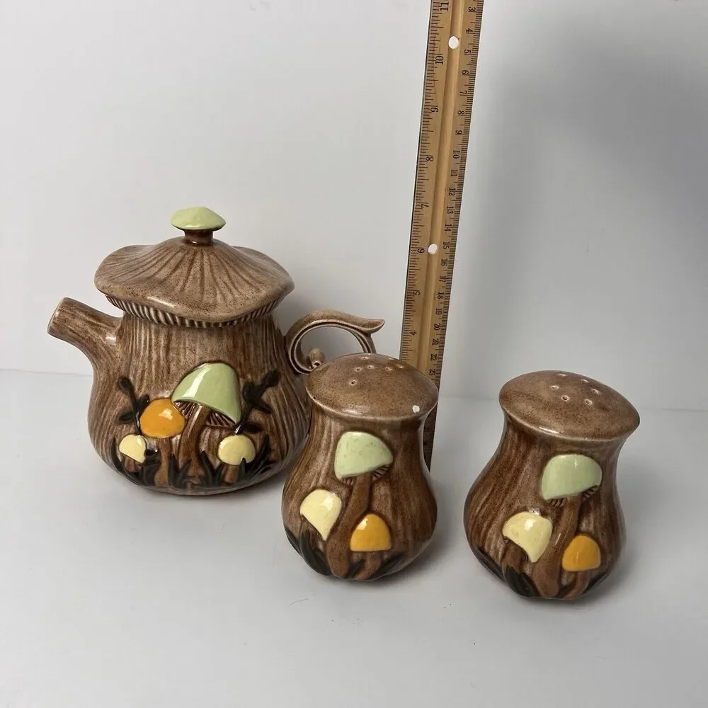 VTG Arnel's Mushroom Teapot Dark Lid Salt & Pepper Shaker Set Ceramic - Picture 15 of 16